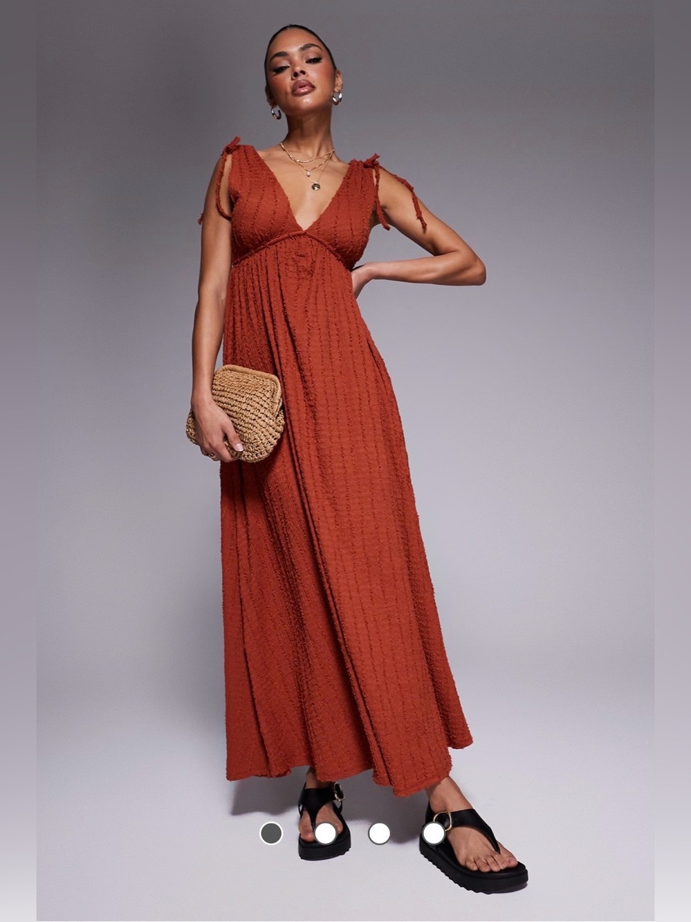 ASOS Rust Textured Deep V Trapeze Dress Flowy Flattering Fall Wedding Guest
